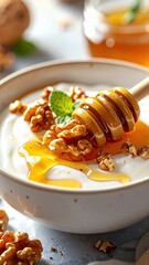 Creamy Yogurt Topped With Golden Honey And Crunchy Walnuts Garnished With Fresh Mint Leaves In A Bowl With A Honey Dipper Close Up View Soft Lighting