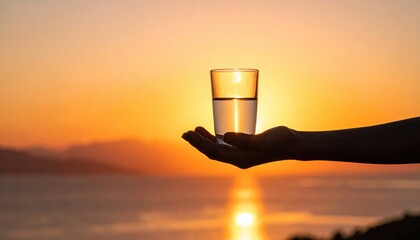 Human Hand Holding Glass Of Water Against Golden Sunset Over Calm Sea With Distant Mountains Silhouette