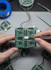 Close up of hands assembling a cluster of green electronic circuit boards with tiny white connectors and colorful wires on a gray grid surface with tools nearby