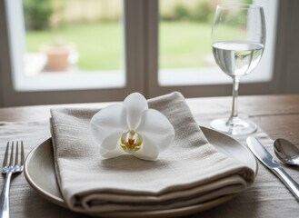 Elegant Table Setting With White Orchid Flower And Wine Glass In Natural Daylight Overlooking Garden View