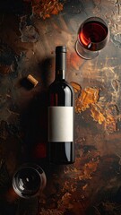 Dark Red Wine Bottle and Two Glasses on a Textured Rustic Surface with Dramatic Lighting