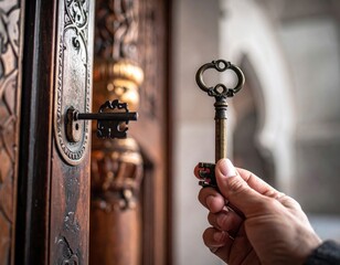 Antique Brass Key Held in Hand Approaching Ornate Wooden Door Lock with Intricate Carvings and Soft Natural Light Creating a Sense of Mystery and Discovery