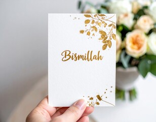 Elegant White Card with Golden Bismillah Arabic Calligraphy and Floral Accents Held by a Hand with a Soft Focus Bouquet Background