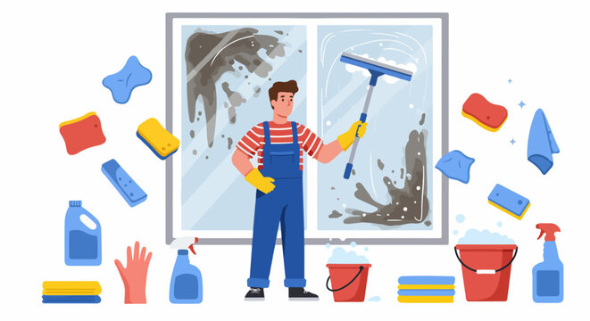 Professional window washer cleaning a dirty glass window using a squeegee, surrounded by cleaning equipment and supplies.