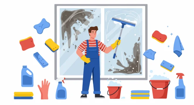 Professional window washer cleaning a dirty glass window using a squeegee, surrounded by cleaning equipment and supplies.