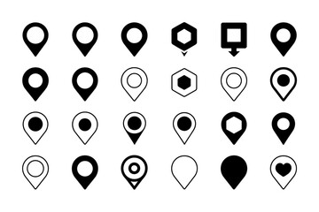 A set of black and white map pin icons in various styles and designs on a white background