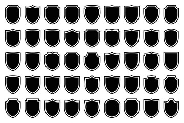 A collection of black shield icons on a white background in a vector graphic design