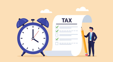 A businessman holding a giant pencil stands ready to complete a tax checklist next to an oversized alarm clock, symbolizing the urgency of financial deadlines © Skyframe
