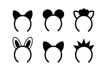 A set of six black headbands with various decorative designs on a white background