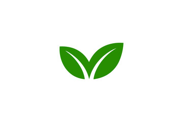 A minimalist green leaf logo on a white background, symbolizing nature and growth