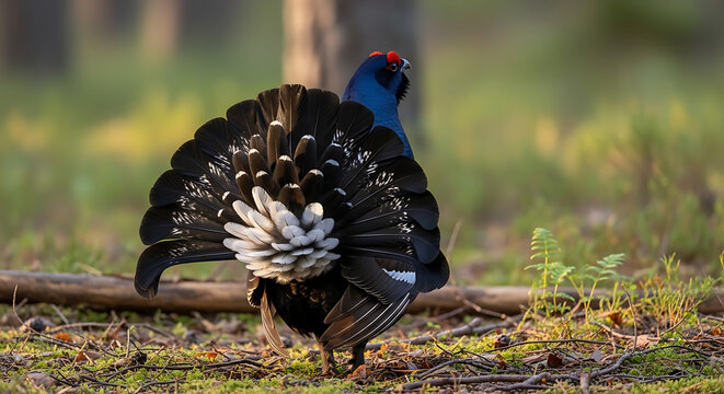 Male Black Grouse Lyrurus tetrix Displaying Lyre Shaped Tail Feathers in Forest Clearing
