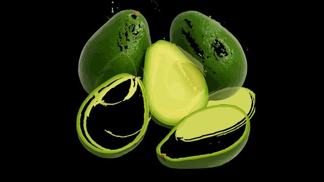 Four abstract green avocados, one cut in half, on black