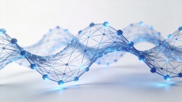 Abstract digital network wave with glowing nodes and connections,representing artificial intelligence,data flow,neural networks,and future technology innovation concepts