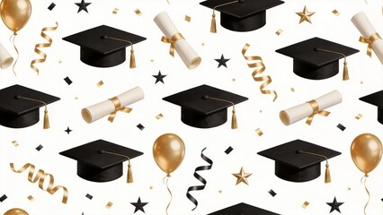 Graduation celebration pattern with mortarboards diplomas confetti and balloons on white background,ideal for academic success education achievement and ceremonial design concepts