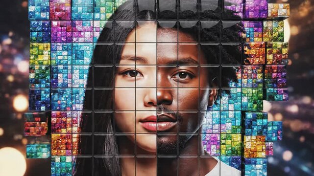 Digital mosaic of split diverse man and woman's face