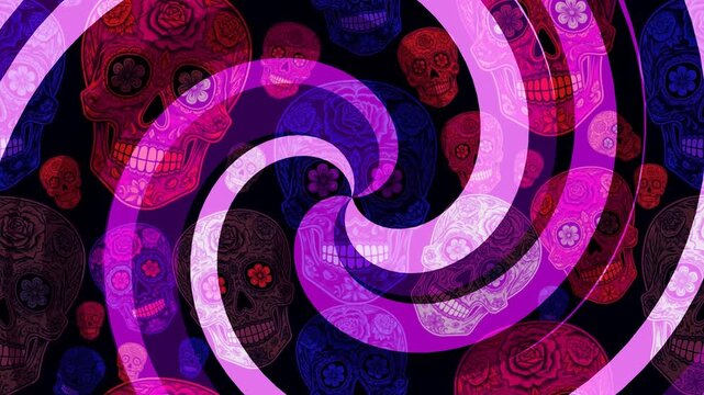 Vibrant spiral pattern swirling around floral motifs in a dynamic and colorful abstract design