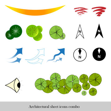 Architectural icons set | Norths | Trees | Wind direction | Views | Noise | Sunpath