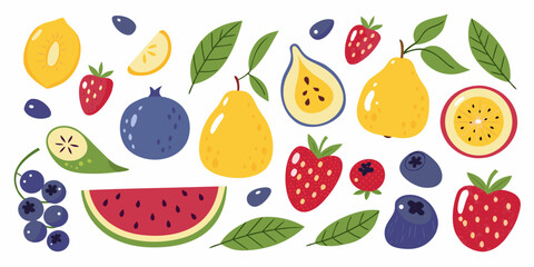 Colorful assortment of fruits including berries citrus and melons