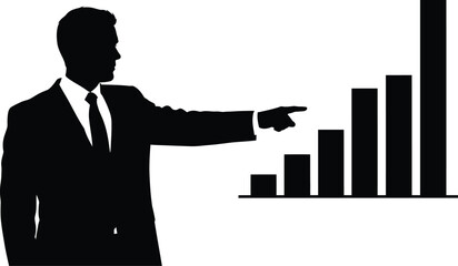 Businessman in suit pointing at graph with rising trend in corporate environment from side view