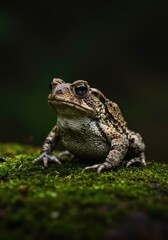 Fototapeta premium A warty toad, an amphibian, sits patiently on a patch of moss on the ground in a natural habitat, showcasing its unique texture and large eye ,nature ,macro ,anura