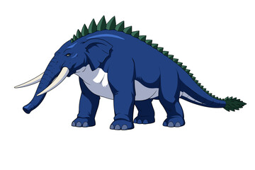 Obraz premium Fantasy elephant dinosaur hybrid creature with tusks and green spikes, detailed cartoon illustration isolated on white background, mythical animal concept art.