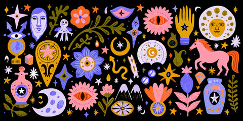 Naklejka premium Whimsical illustration featuring mystical symbols faces and celestial elements
