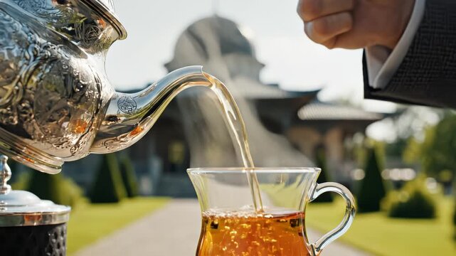 Tea being poured from ornate kettle