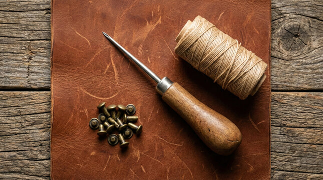 Leatherworking tools with awl thread and rivets on wooden surface