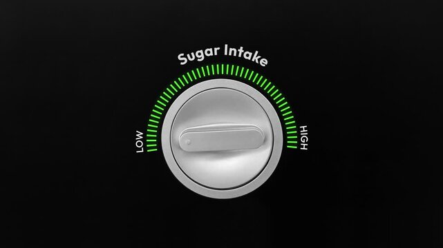 Sugar intake control dial with green indicator for health awareness on black background