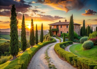 Obraz premium A serene Tuscan villa at sunset invites a peaceful stroll along its winding path