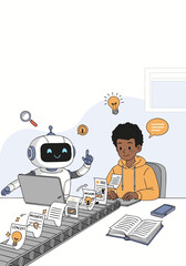 AI robot assisting student with research and study materials vector illustration