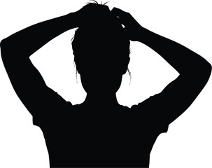 Woman adjusting hair in silhouette against a clean backdrop