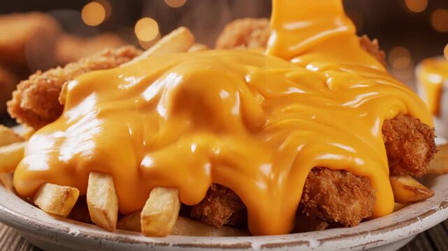 Crispy fried chicken pieces and french fries loaded with melted cheddar cheese sauce