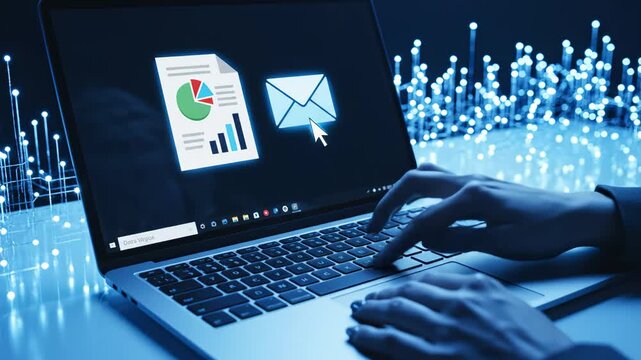 Hands typing on laptop with data icons