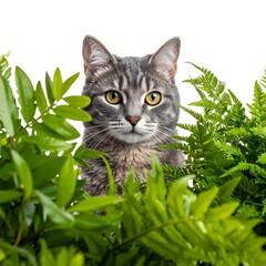 Gray striped cat peers from verdant foliage, set against a bright white background. Focused gaze
