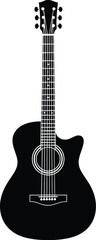 Single black acoustic guitar, minimal flat vector illustration on a simple background viewed from front