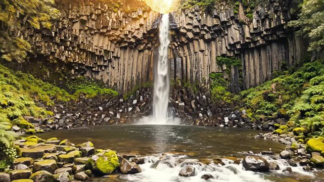 Waterfall cascading over hexagonal rock columns