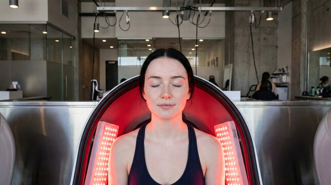 Woman receiving red light therapy treatment in wellness clinic