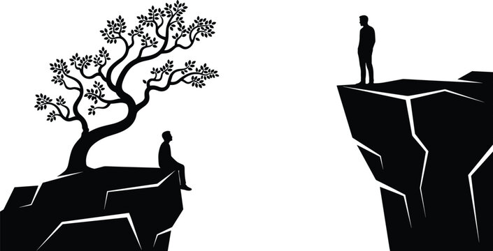 Silhouette of a man sitting under a tree on a cliff edge looking at another man standing on a peak