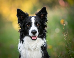 A border collie with black and white fur gazes attentively against a blurred grassy background in soft, natural lighting