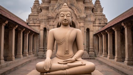Serene Buddha Statue in Front of Ancient Temple Architecture