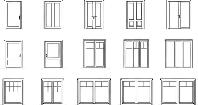 A collection of various door and window designs isolated on transparent background