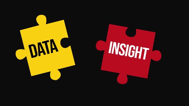 Yellow data puzzle piece and red insight puzzle piece on black background symbolizing information analysis connection