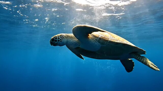 Graceful sea turtle gliding effortlessly through clear turquoise ocean waters with sun rays filtering above