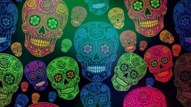 Vibrant collection of colorful sugar skulls with intricate designs and patterns on a dark background from a straight-on viewpoint