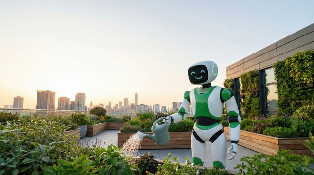 Friendly Gardening Robot Watering Plants in Urban Rooftop Garden with City Skyline at Sunset for Sustainable Technology Concept