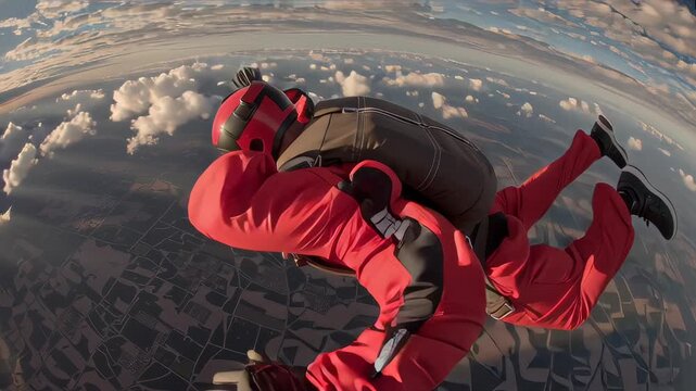 Skydiver freefalling over clouds and city