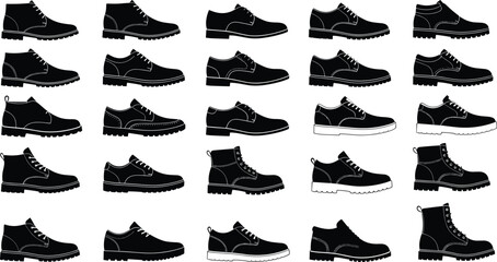 Black, shoes, silhouettes, collection, footwear, boots, leather, fashion, casual, formal, isolated, design, illustration, style, footwear, men, women, set, trendy, classic