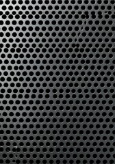 Detailed close-up of a silver perforated metal sheet texture displaying a uniform pattern of small circular holes, useful for industrial design ,smooth ,metallic background ,grid