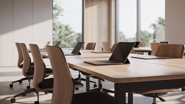 Modern office meeting room with laptops